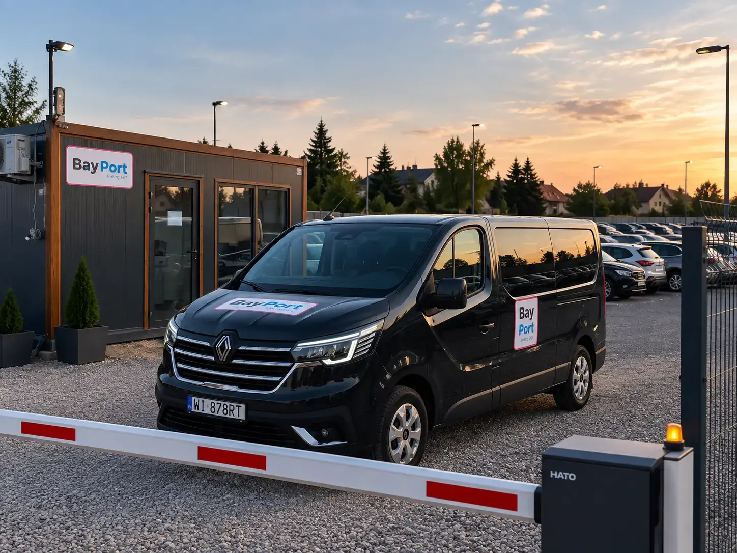 Czarny bus BayPort przy szlabanie wjazdowym na parking w Warszawie, oferującym postój samochodów i transfer na Lotnisko Chopina.