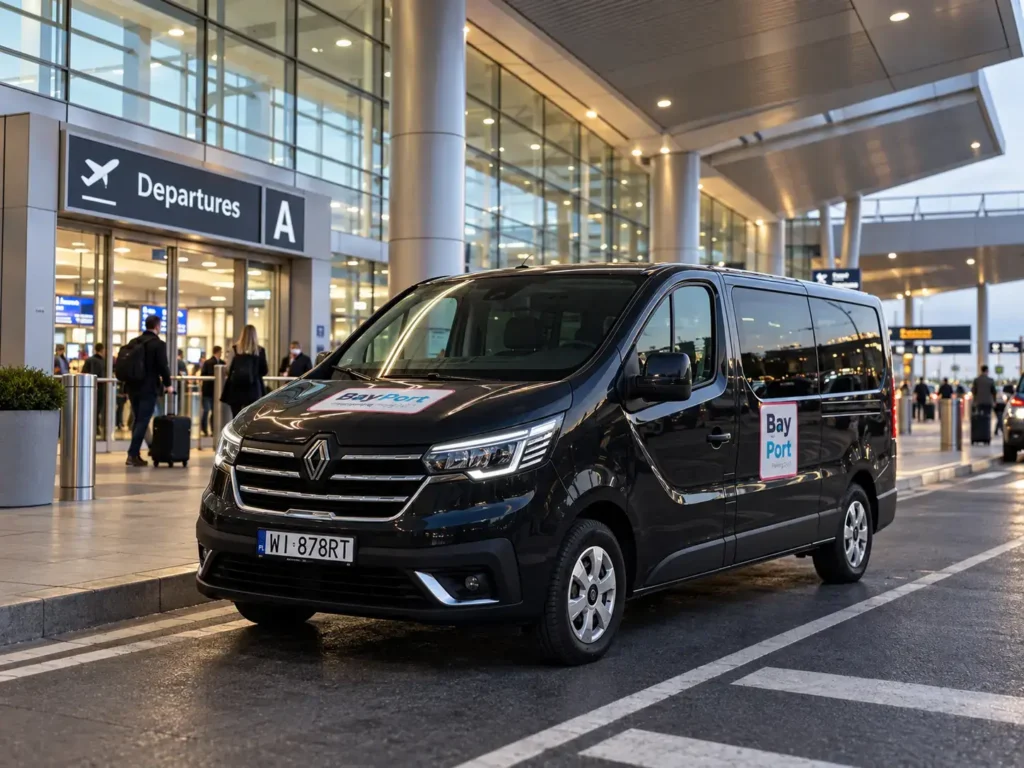 Czarny bus BayPort zaparkowany przed terminalem Lotniska Chopina w Warszawie, zapewniający transfer pasażerów z parkingu na lotnisko.