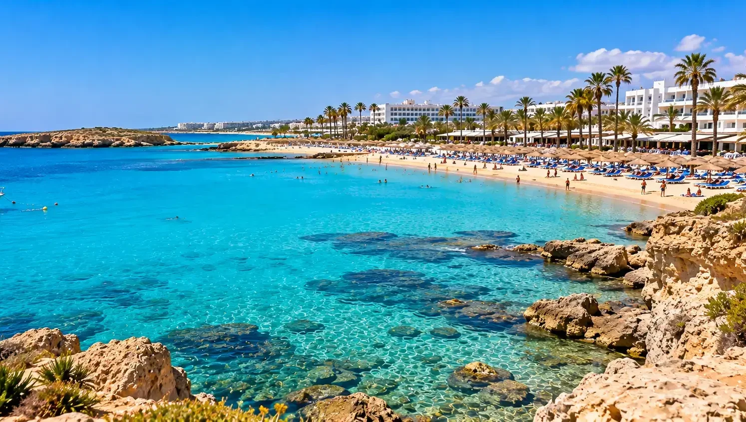 Widok na turkusową zatokę Ayia Napa na Cyprze z piaszczystym wybrzeżem, palmami i łodziami na morzu.