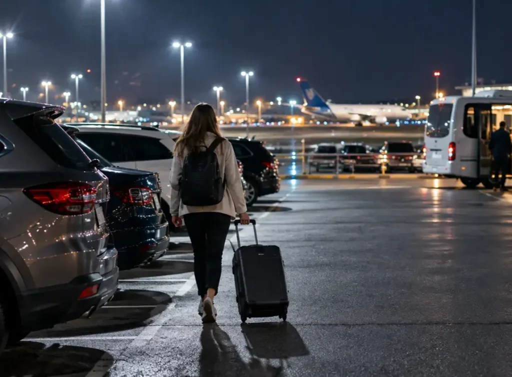 Podróżna z walizką idąca w kierunku zaparkowanych samochodów na parkingu lotniskowym po powrocie z podróży.