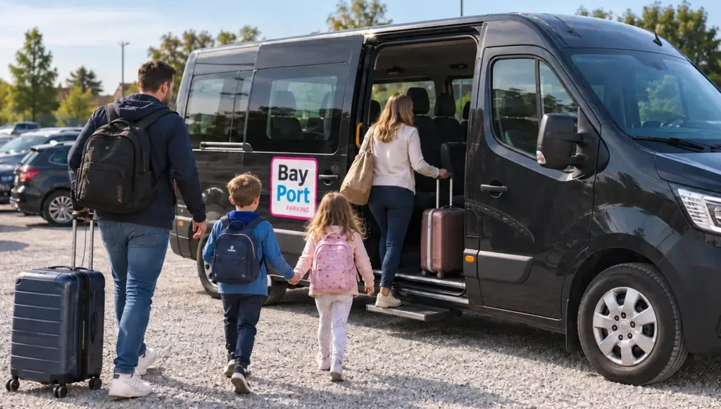 Rodzina z dwójką dzieci i walizkami przygotowująca się do transferu na Lotnisko Chopina przy czarnym busie BayPort.