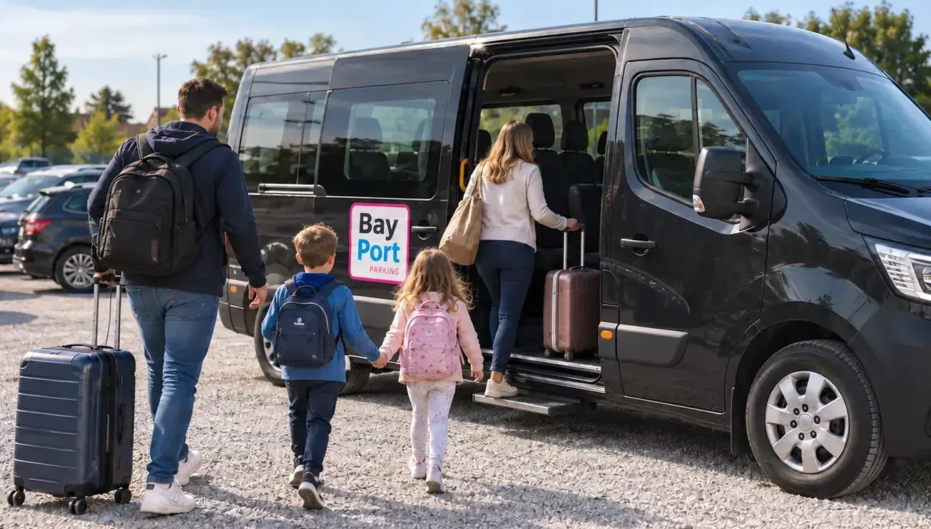 Rodzina z dwójką dzieci i walizkami przygotowująca się do transferu na Lotnisko Chopina przy czarnym busie BayPort.